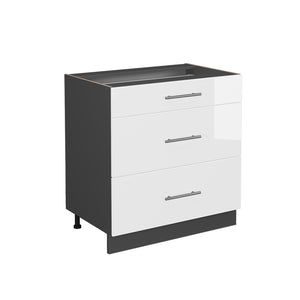 Vicco Mobiletto base per cucina Bianco lucido 80 cm con 3 cassetti, PL Rovere