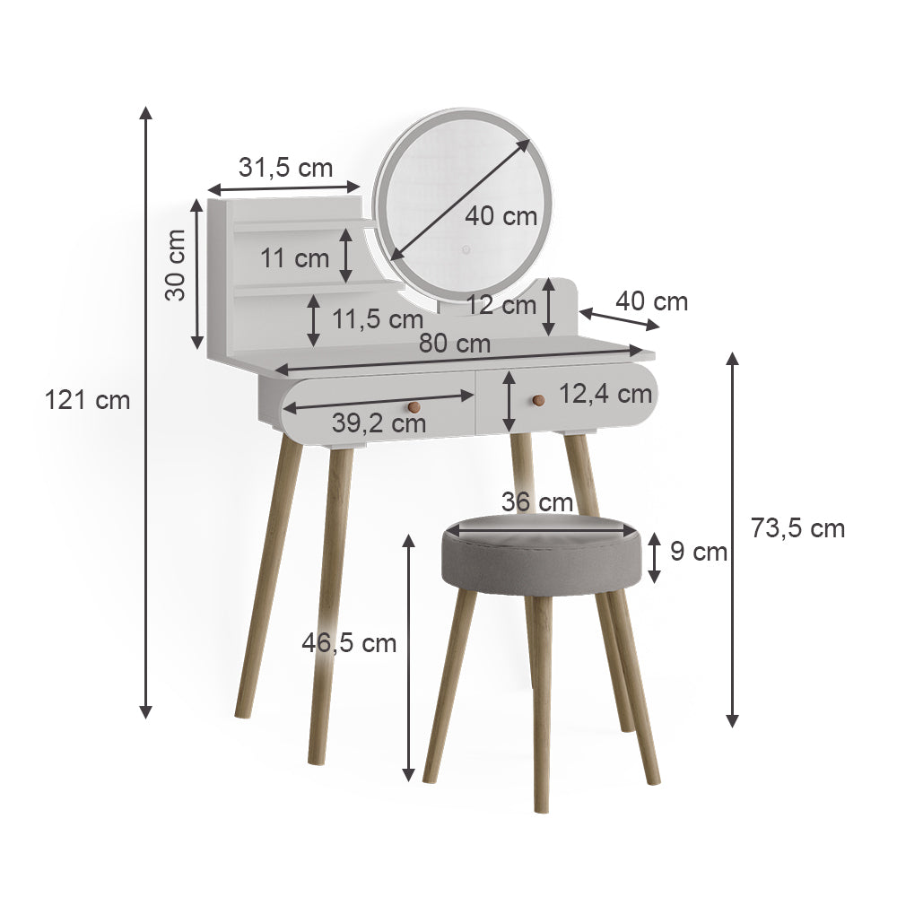 Vicco Tavolo da toeletta Bianco 80 cm con illuminazione LED e sgabello