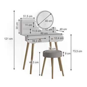 Vicco Tavolo da toeletta Bianco 80 cm con illuminazione LED e sgabello