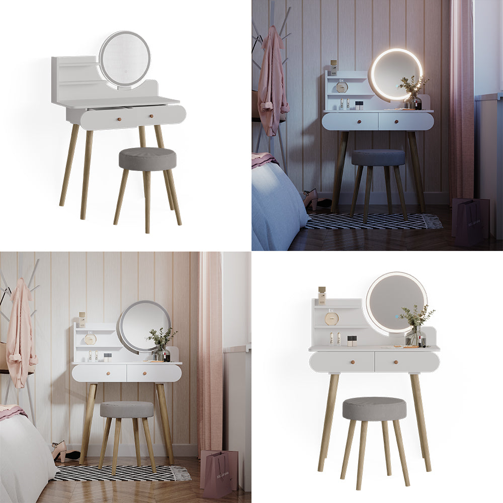 Vicco Tavolo da toeletta Bianco 80 cm con illuminazione LED e sgabello