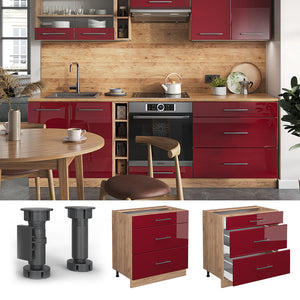 Vicco Mobiletto base per cucina Rosso bordeaux lucido 80 cm con 3 cassetti, PL Antracite