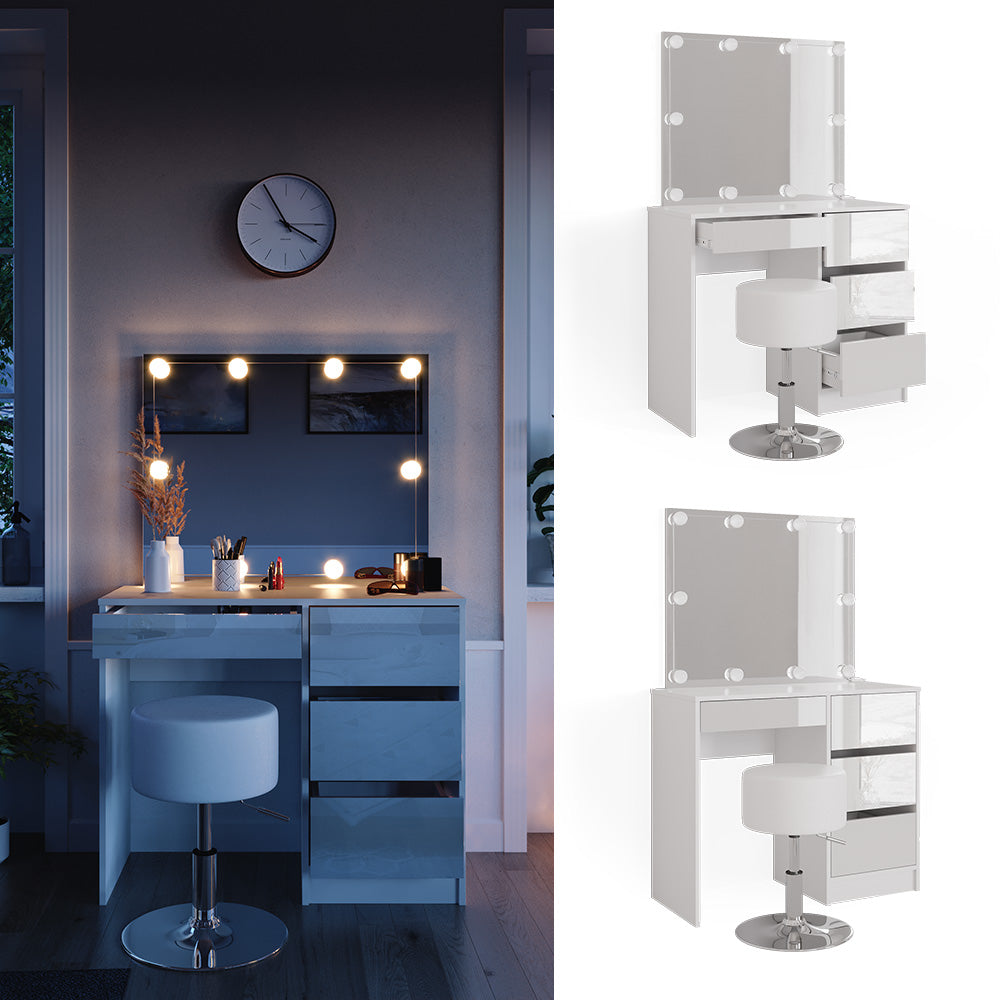 Vicco Tavolo da toeletta Bianco 40 cm con illuminazione a LED e sgabello