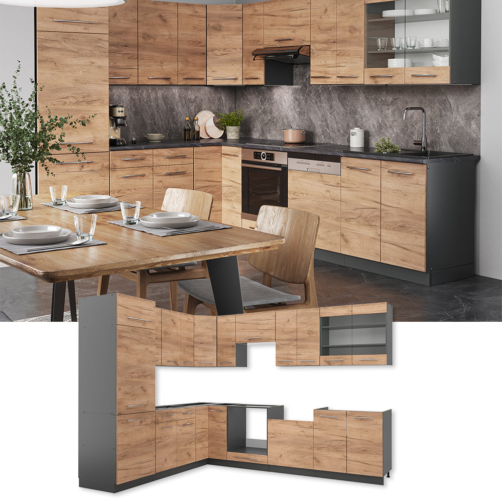 Vicco Cucina angolare completa Quercia dorata/antracite 227 x 60 cm senza piano di lavoro