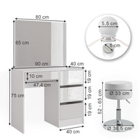 Vicco Tavolo da toeletta Bianco 40 cm con illuminazione a LED e sgabello