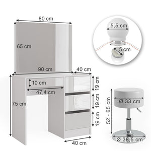 Vicco Tavolo da toeletta Bianco 40 cm con illuminazione a LED e sgabello