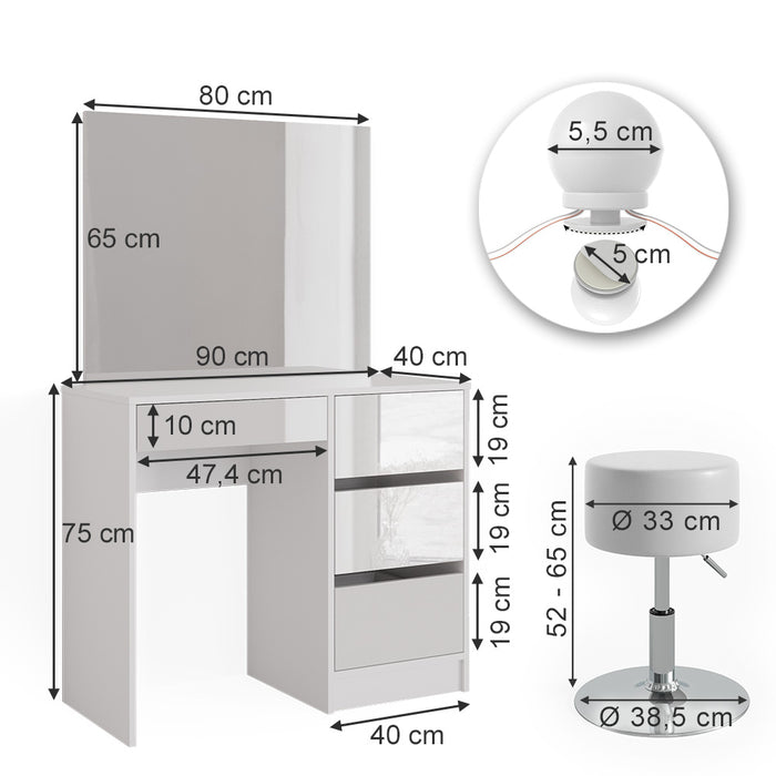 Vicco Tavolo da toeletta Bianco 40 cm con illuminazione a LED e sgabello