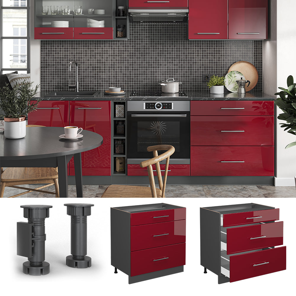 Vicco Mobiletto base per cucina Rosso bordeaux lucido 80 cm con 3 cassetti, senza piano di lavoro