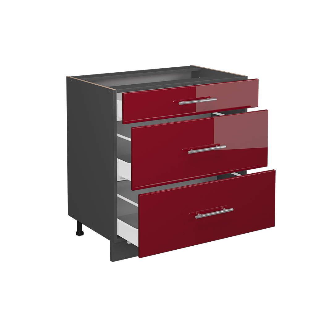 Vicco Mobiletto base per cucina Rosso bordeaux lucido 80 cm con 3 cassetti, senza piano di lavoro