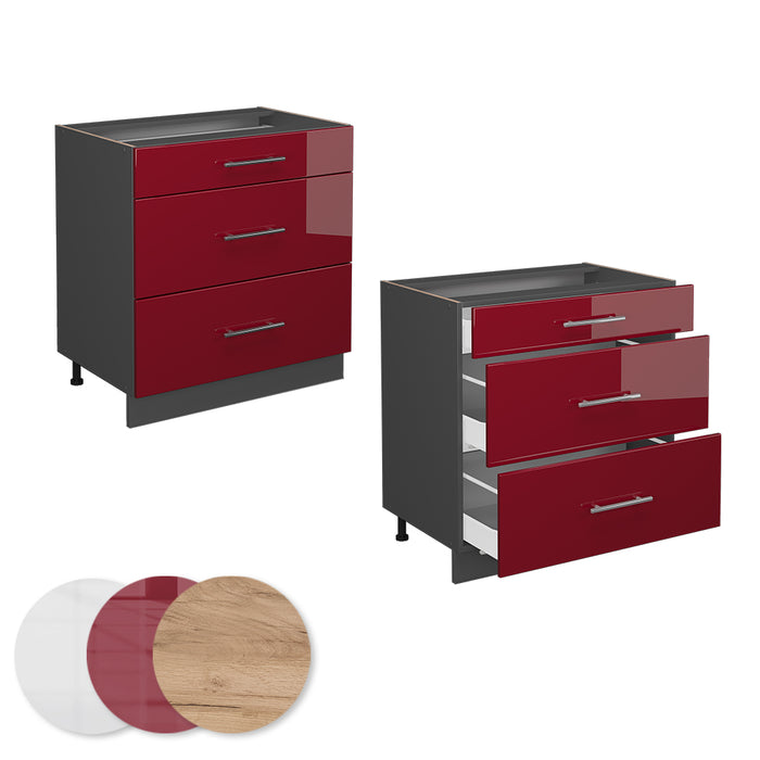 Vicco Mobiletto base per cucina Rosso bordeaux lucido 80 cm con 3 cassetti, senza piano di lavoro