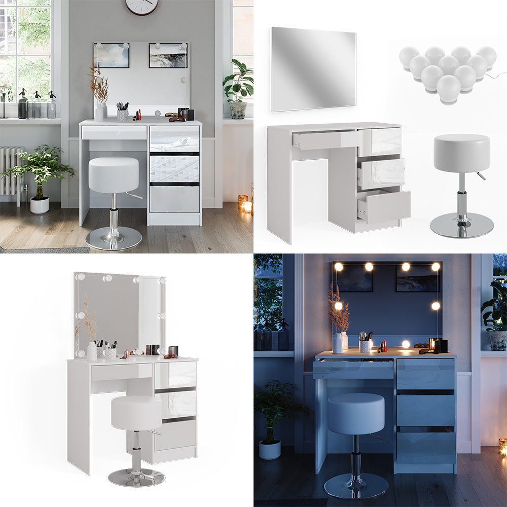 Vicco Tavolo da toeletta Bianco 40 cm con illuminazione a LED e sgabello