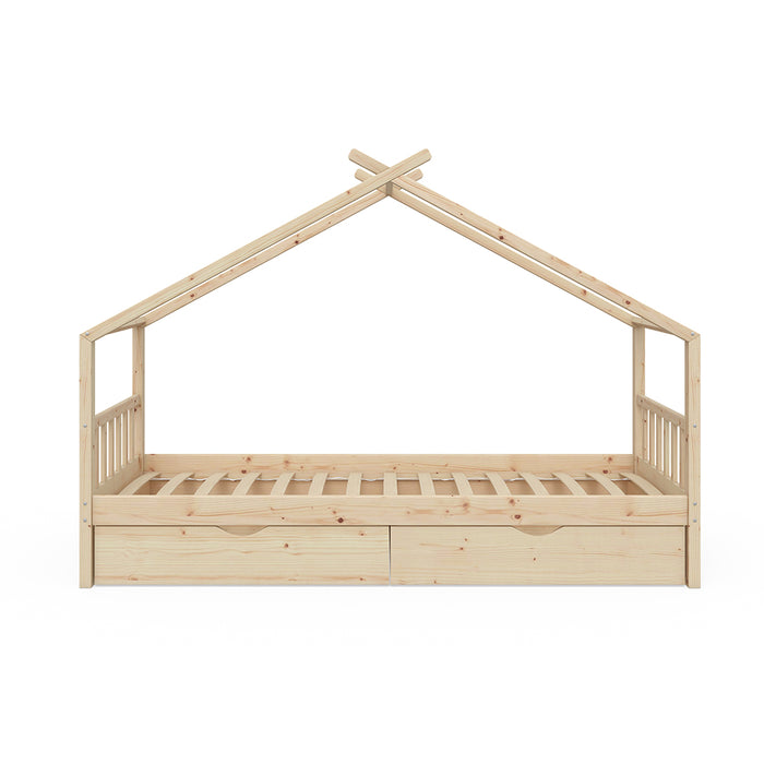 Vitalispa Letto montessori bambini Legno naturale 90x200 cm con 2 cassetti