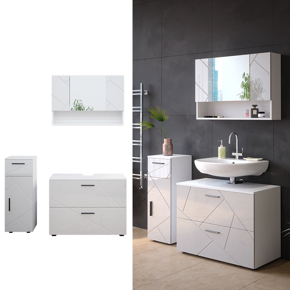 Vicco Set mobili bagno Bianco lucido 3 parti, con cassettiera e mobile midi
