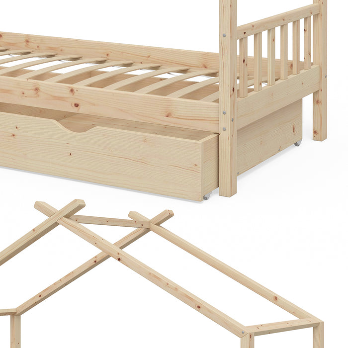 Vitalispa Letto montessori bambini Legno naturale 90x200 cm con 2 cassetti