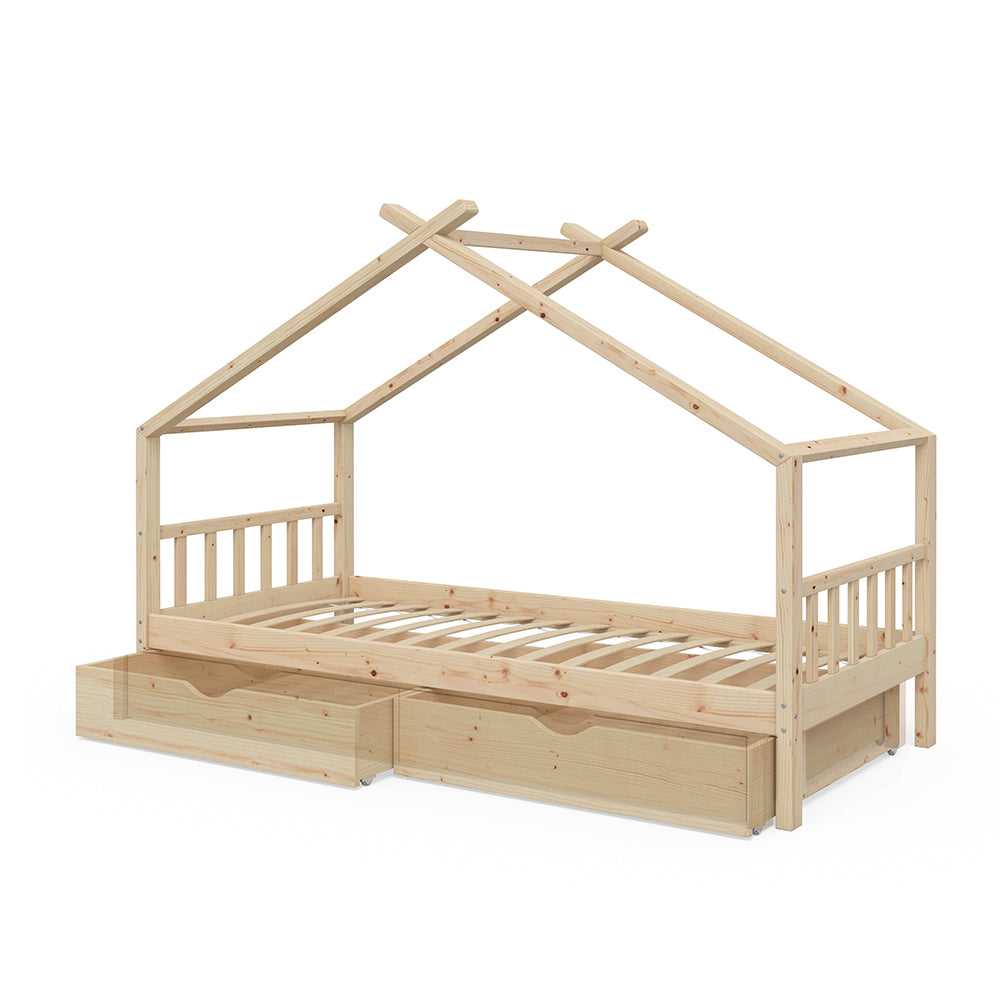 Vitalispa Letto montessori bambini Legno naturale 90x200 cm con 2 cassetti