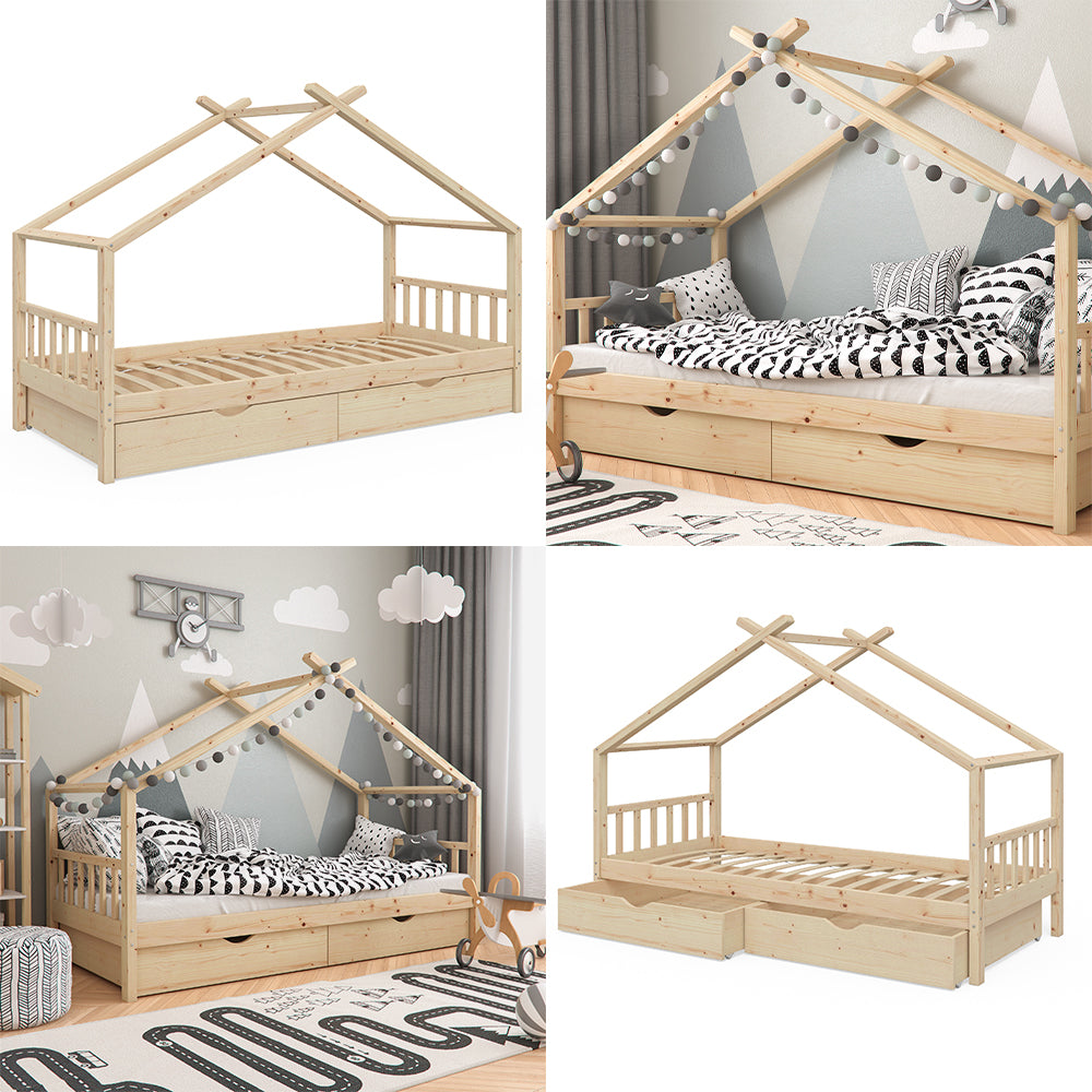 Vitalispa Letto montessori bambini Legno naturale 90x200 cm con 2 cassetti