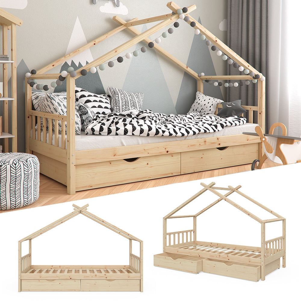 Vitalispa Letto montessori bambini Legno naturale 90x200 cm con 2 cassetti