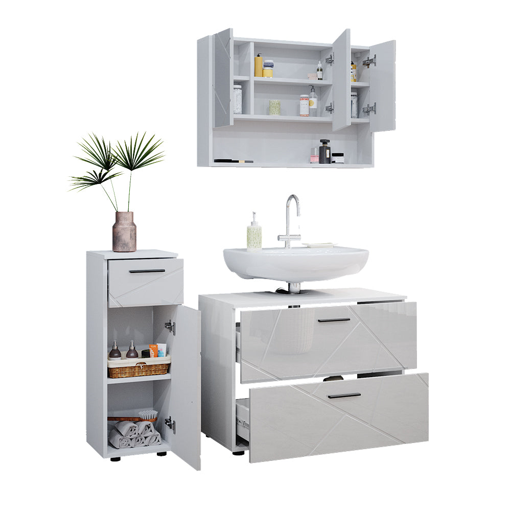 Vicco Set mobili bagno Bianco lucido 3 parti, con cassettiera e mobile midi