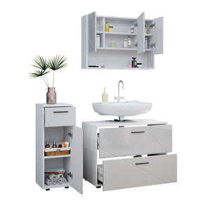 Vicco Set mobili bagno Bianco lucido 3 parti, con cassettiera e mobile midi