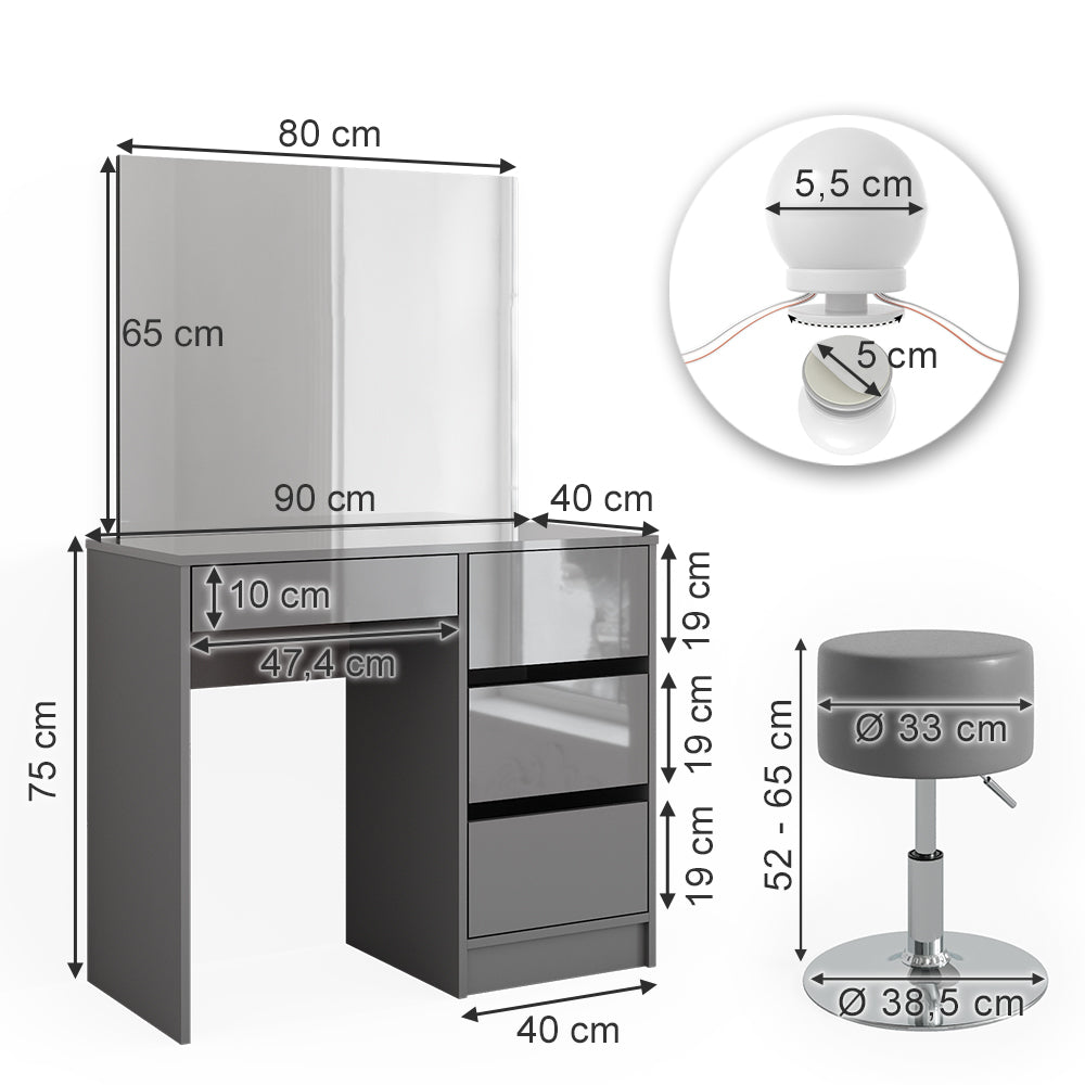Vicco Tavolo da toeletta Grigio 40 cm con illuminazione a LED e sgabello