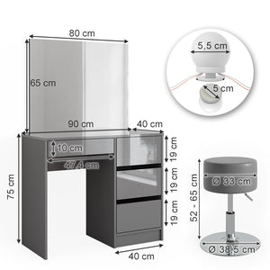 Vicco Tavolo da toeletta Grigio 40 cm con illuminazione a LED e sgabello