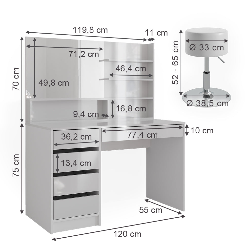 Vicco Tavolo da toeletta Bianco 55 cm con sgabello
