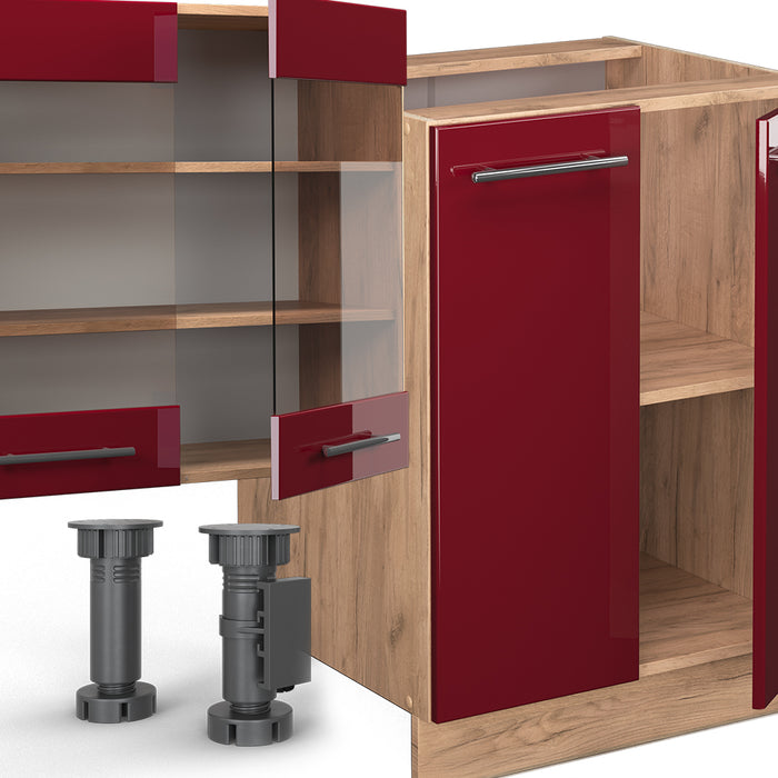Vicco Cucina componibile Bordeaux lucido/rovere dorato 300 cm con armadio alto, senza piano di lavoro
