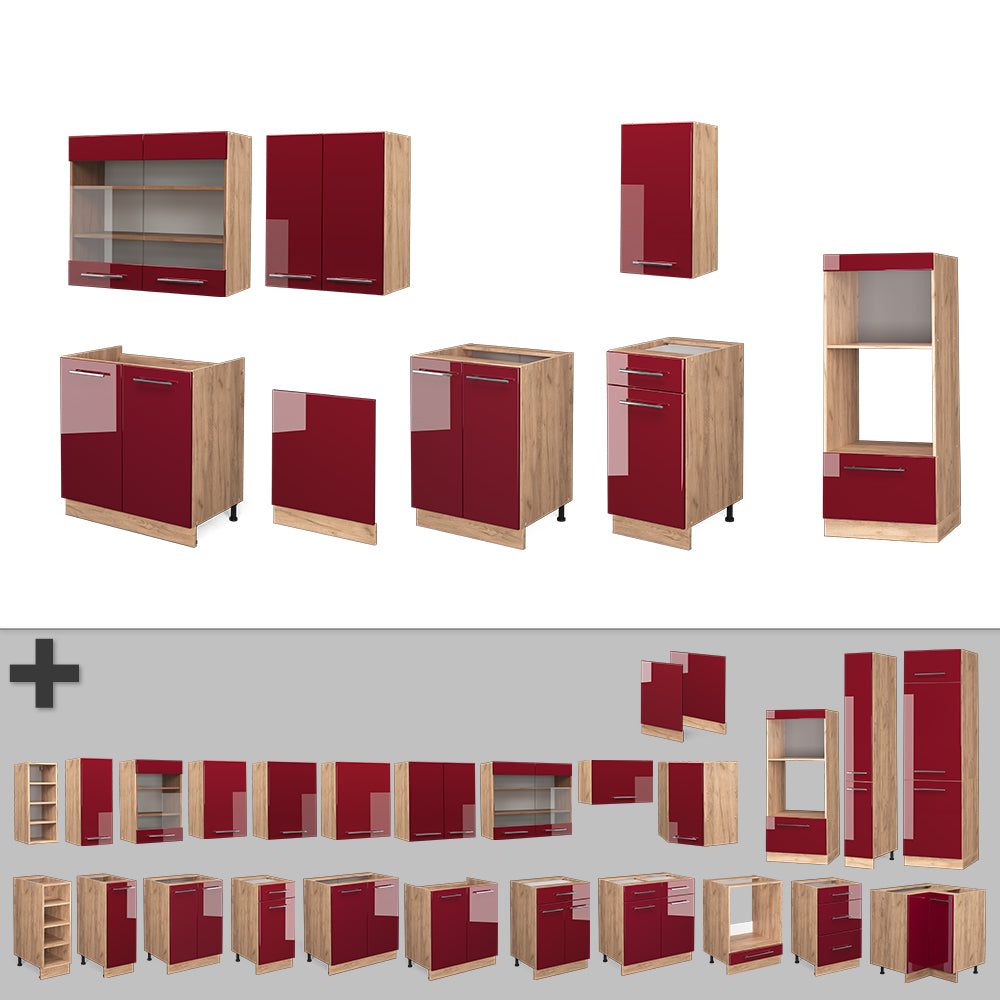 Vicco Cucina componibile Bordeaux lucido/rovere dorato 300 cm con armadio alto, senza piano di lavoro
