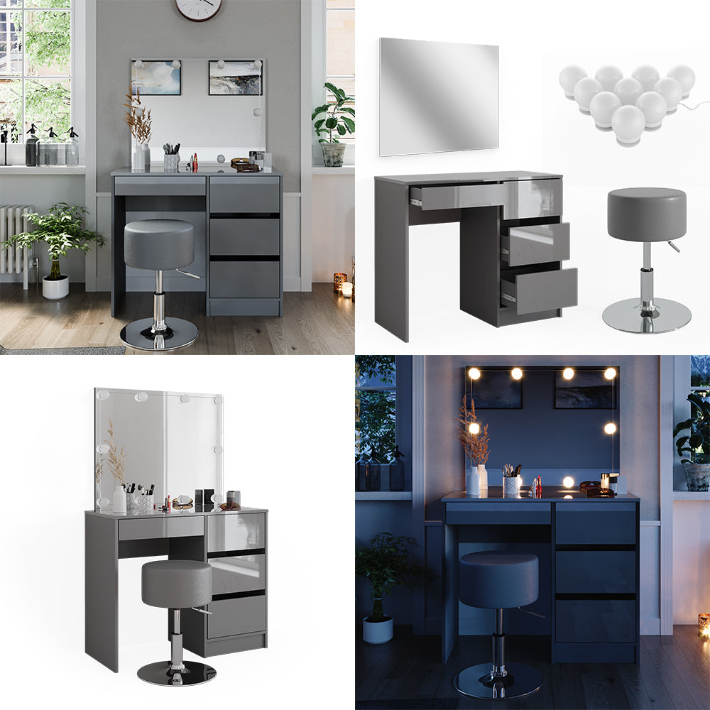 Vicco Tavolo da toeletta Grigio 40 cm con illuminazione a LED e sgabello