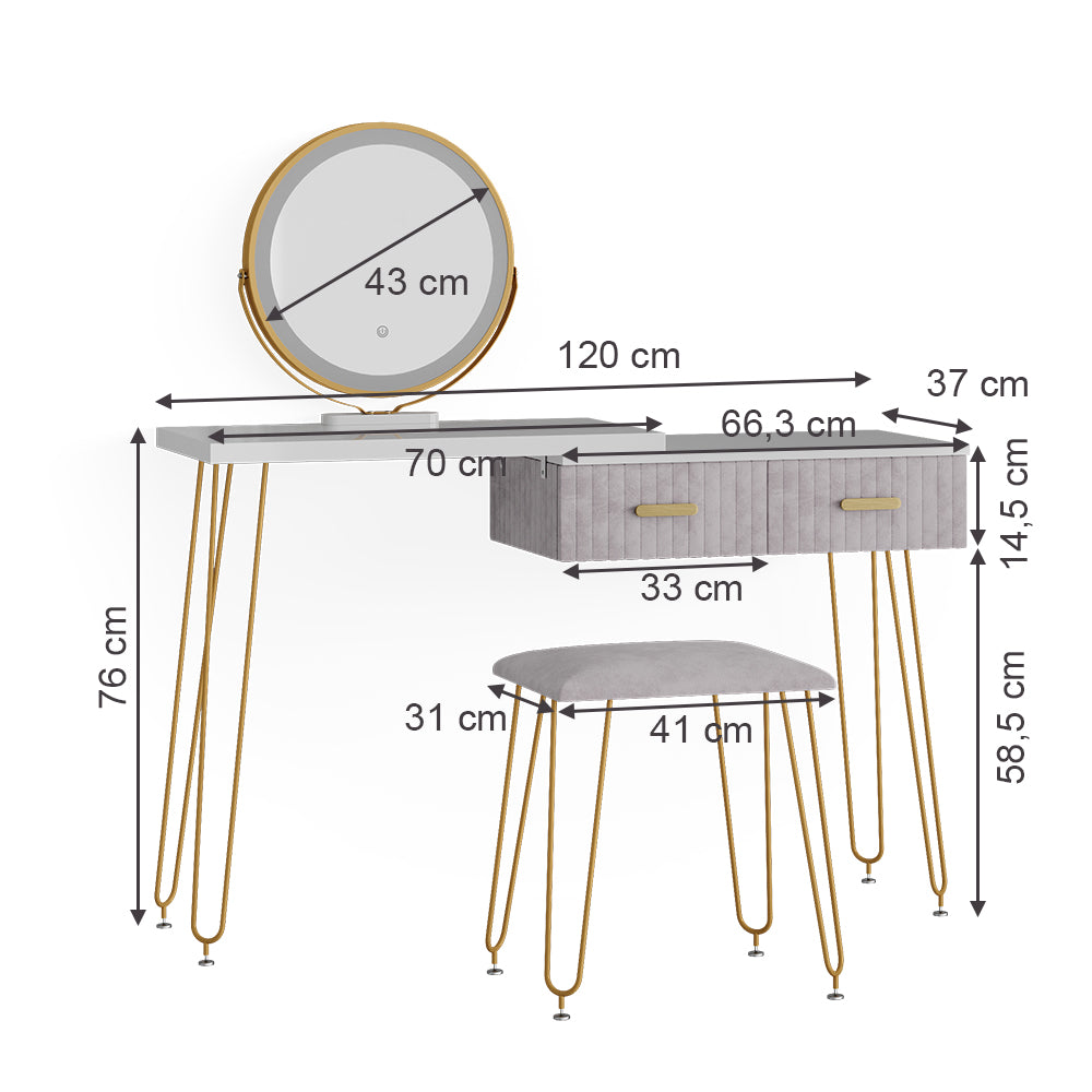 Vicco Tavolo da toeletta Grigio 120 cm con illuminazione LED e sgabello