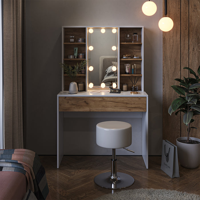 Vicco Tavolo da toeletta Quercia dorata/bianco 93 cm con illuminazione LED e sgabello