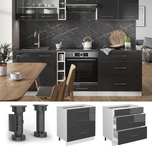 Vicco Mobiletto base per cucina Antracite lucido 80 cm con 3 cassetti, senza piano di lavoro