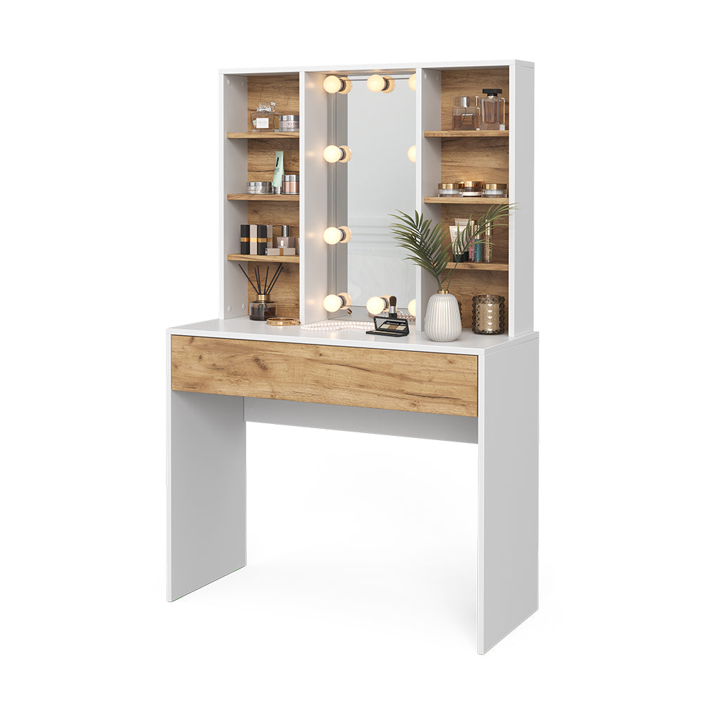 Vicco Tavolo da toeletta Quercia dorata/bianco 93 cm con illuminazione a LED