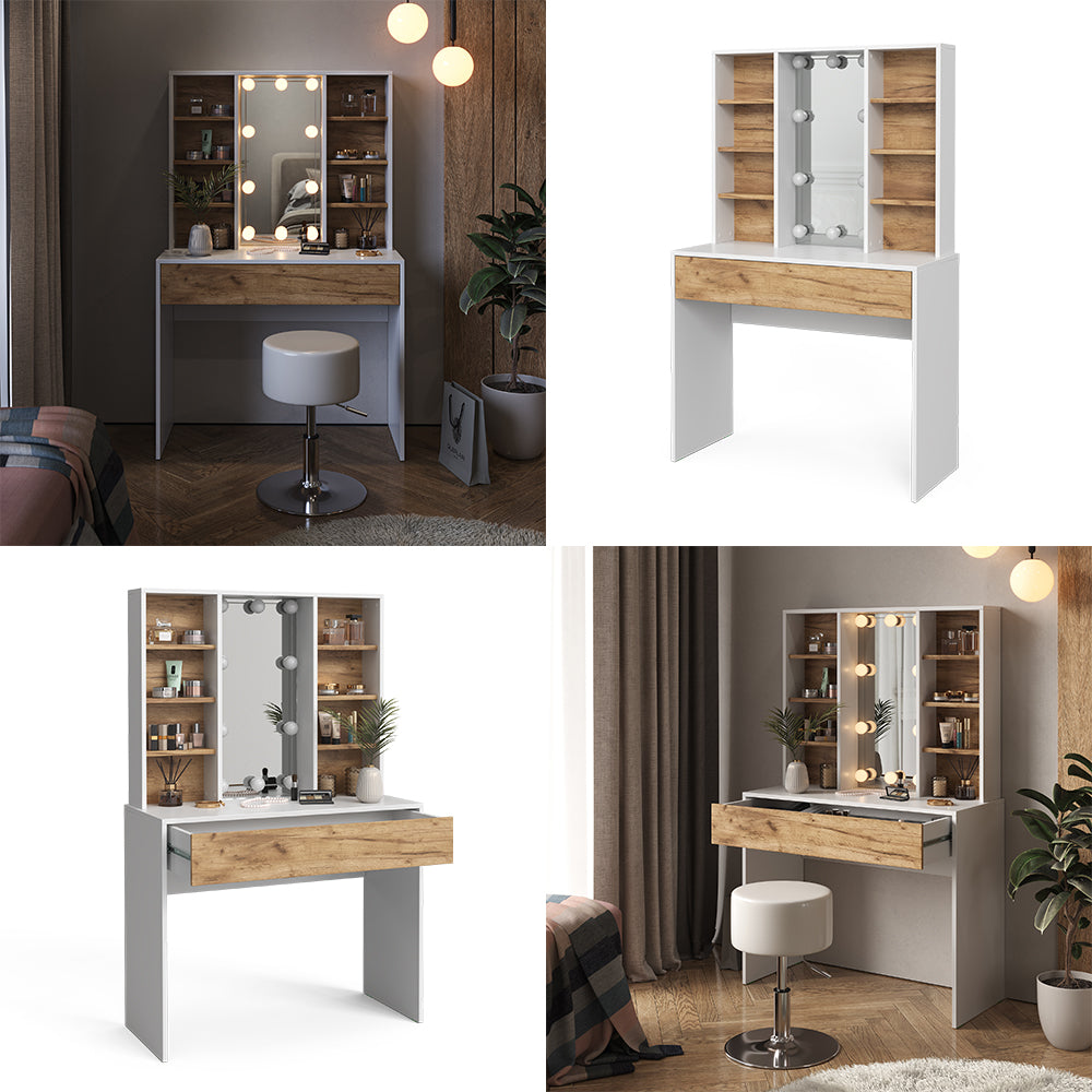 Vicco Tavolo da toeletta Quercia dorata/bianco 93 cm con illuminazione a LED