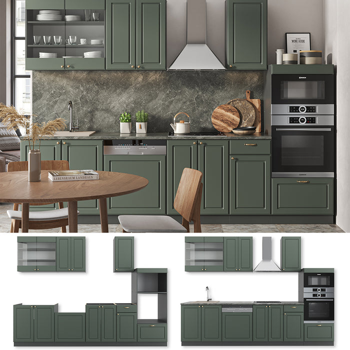 Vicco Cucina componibile Verde-oro Country House/Antracite 300 cm con armadio alto, PL Rovere