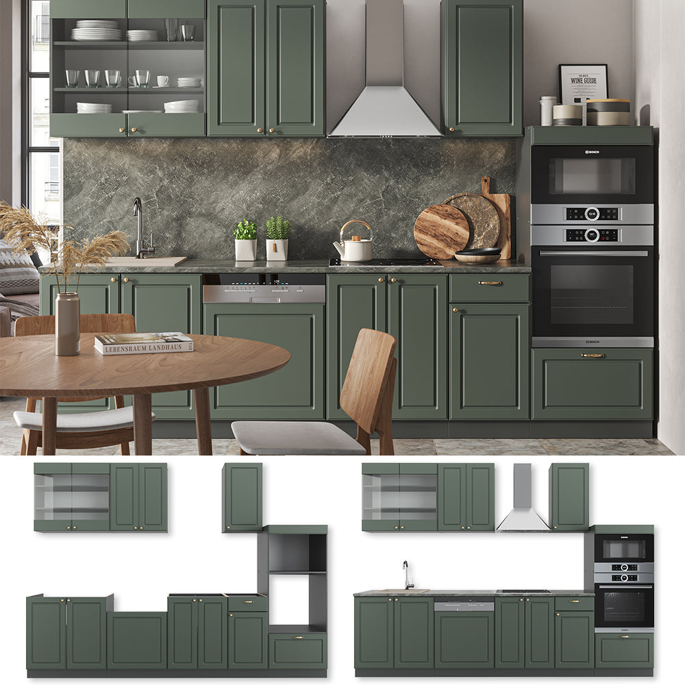 Vicco Cucina componibile Verde-oro Country House/Antracite 300 cm con armadio alto, PL Marmo