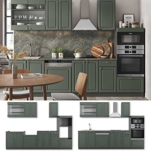 Vicco Cucina componibile Verde-oro Country House/Antracite 300 cm con armadio alto, senza piano di lavoro