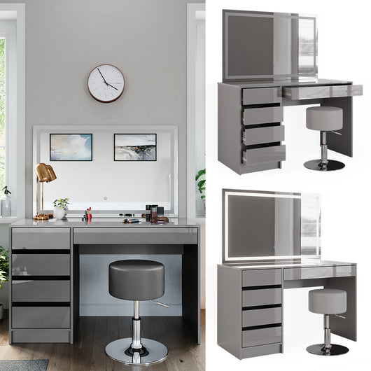 Vicco Tavolo da toeletta Grigio 55 cm con specchio LED e sgabello