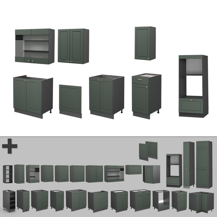 Vicco Cucina componibile Verde-oro Country House/Antracite 300 cm con armadio alto, PL Marmo