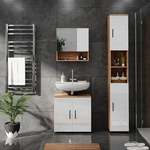 Vicco Set di mobili da bagno Bianco lucido/oro power oak 3 parti, con colonna