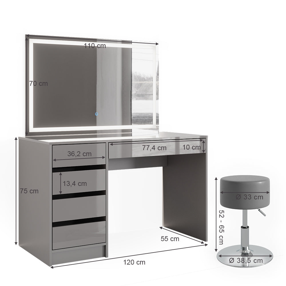 Vicco Tavolo da toeletta Grigio 55 cm con specchio LED e sgabello