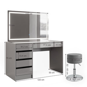 Vicco Tavolo da toeletta Grigio 55 cm con specchio LED e sgabello