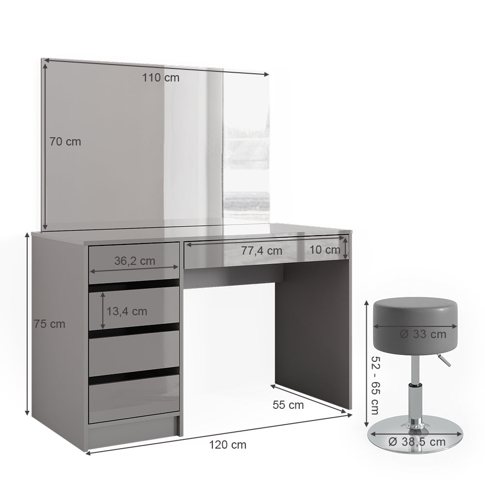 Vicco Tavolo da toeletta Grigio 55 cm con sgabello