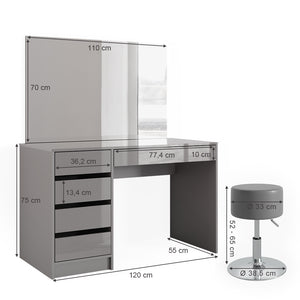 Vicco Tavolo da toeletta Grigio 55 cm con sgabello