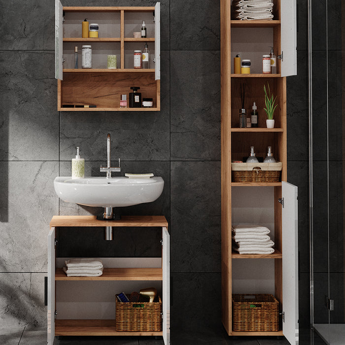 Vicco Set di mobili da bagno Bianco lucido/oro power oak 3 parti, con colonna