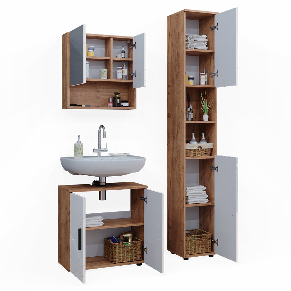 Vicco Set di mobili da bagno Bianco lucido/oro power oak 3 parti, con colonna