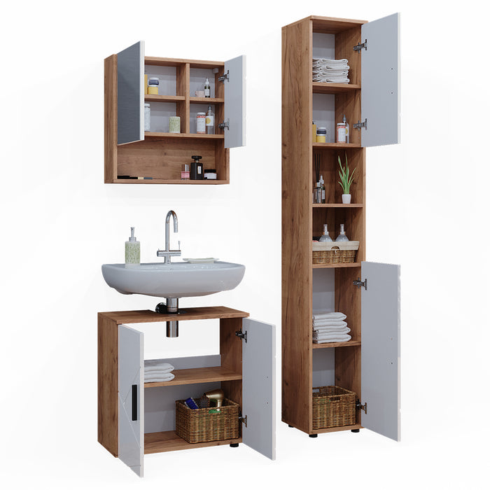 Vicco Set di mobili da bagno Bianco lucido/oro power oak 3 parti, con colonna