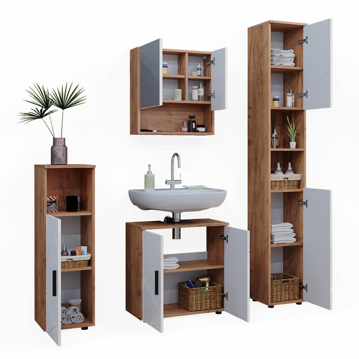 Vicco Set di mobili da bagno Bianco lucido/oro power oak 4 parti, con armadio alto