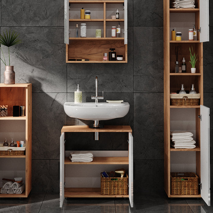 Vicco Set di mobili da bagno Bianco lucido/oro power oak 4 parti, con armadio alto