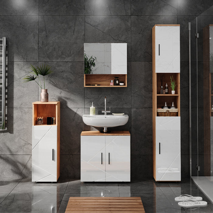 Vicco Set di mobili da bagno Bianco lucido/oro power oak 4 parti, con armadio alto