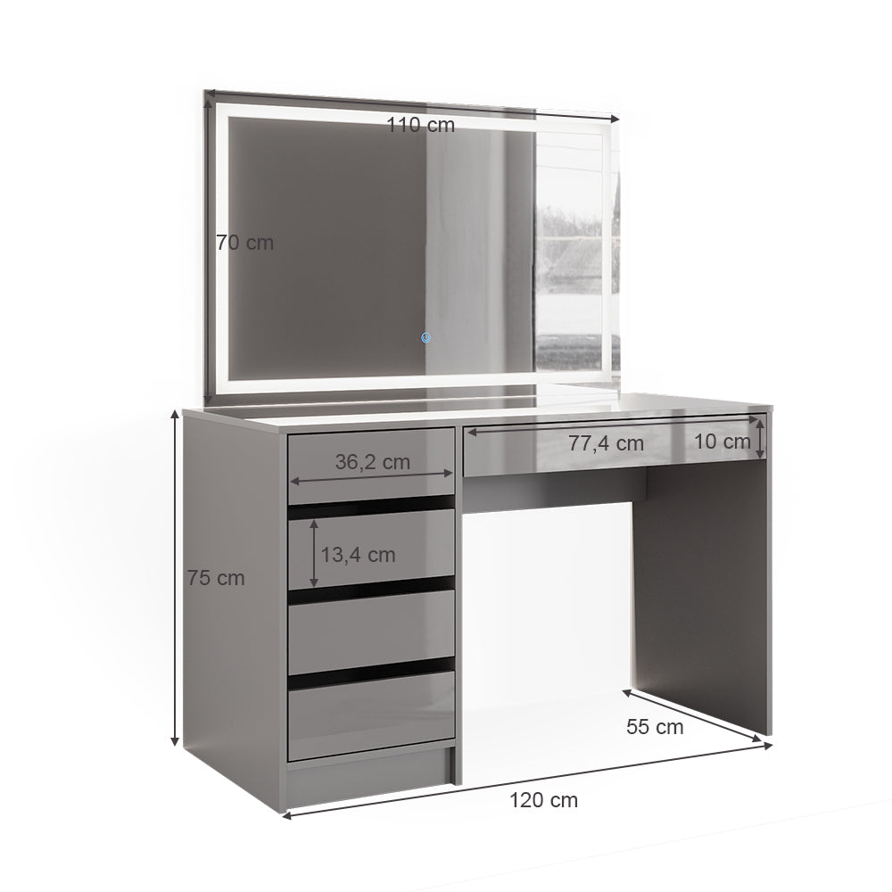 Vicco Tavolo da toeletta Grigio 55 cm con specchio a LED